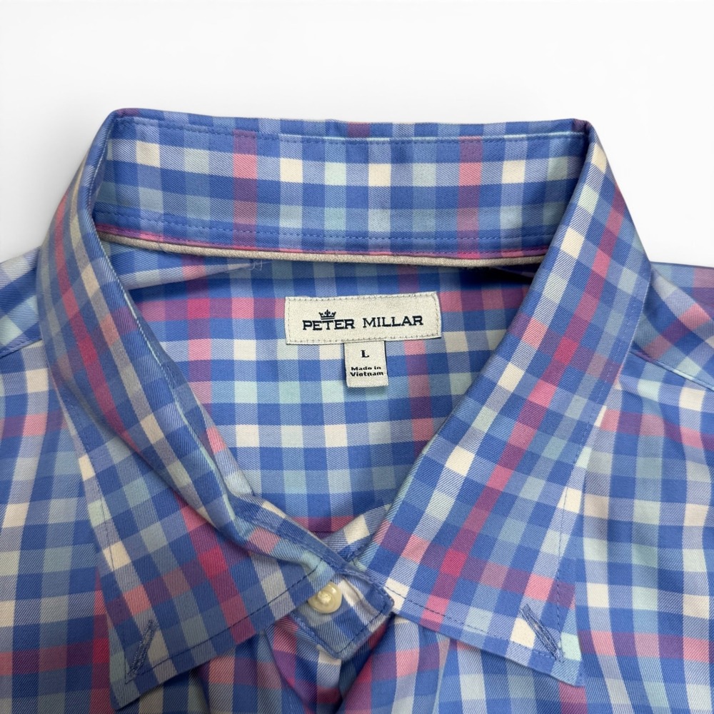 Peter Millar Mens Large Blue Pink Plaid Long Sleeve Button Down Shirt Classic Fi